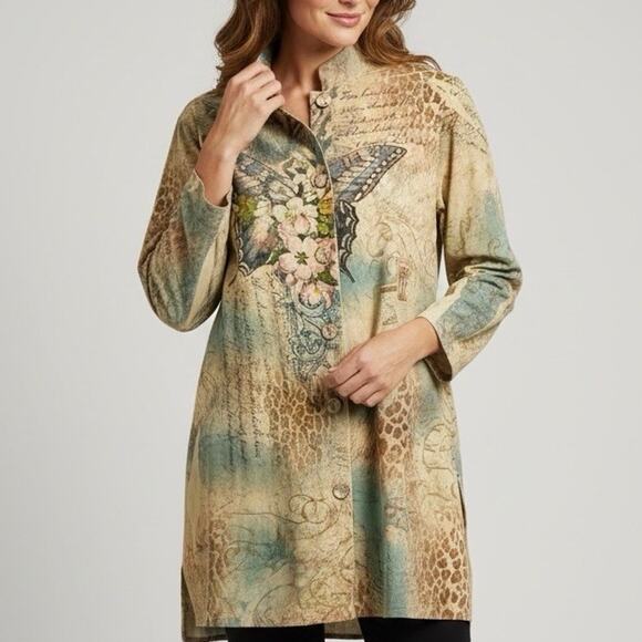 FANTAZIA Tops - Faux Suede Butterfly Cat Print Tunic Top Women size Medium Button Up Y2K Artsy